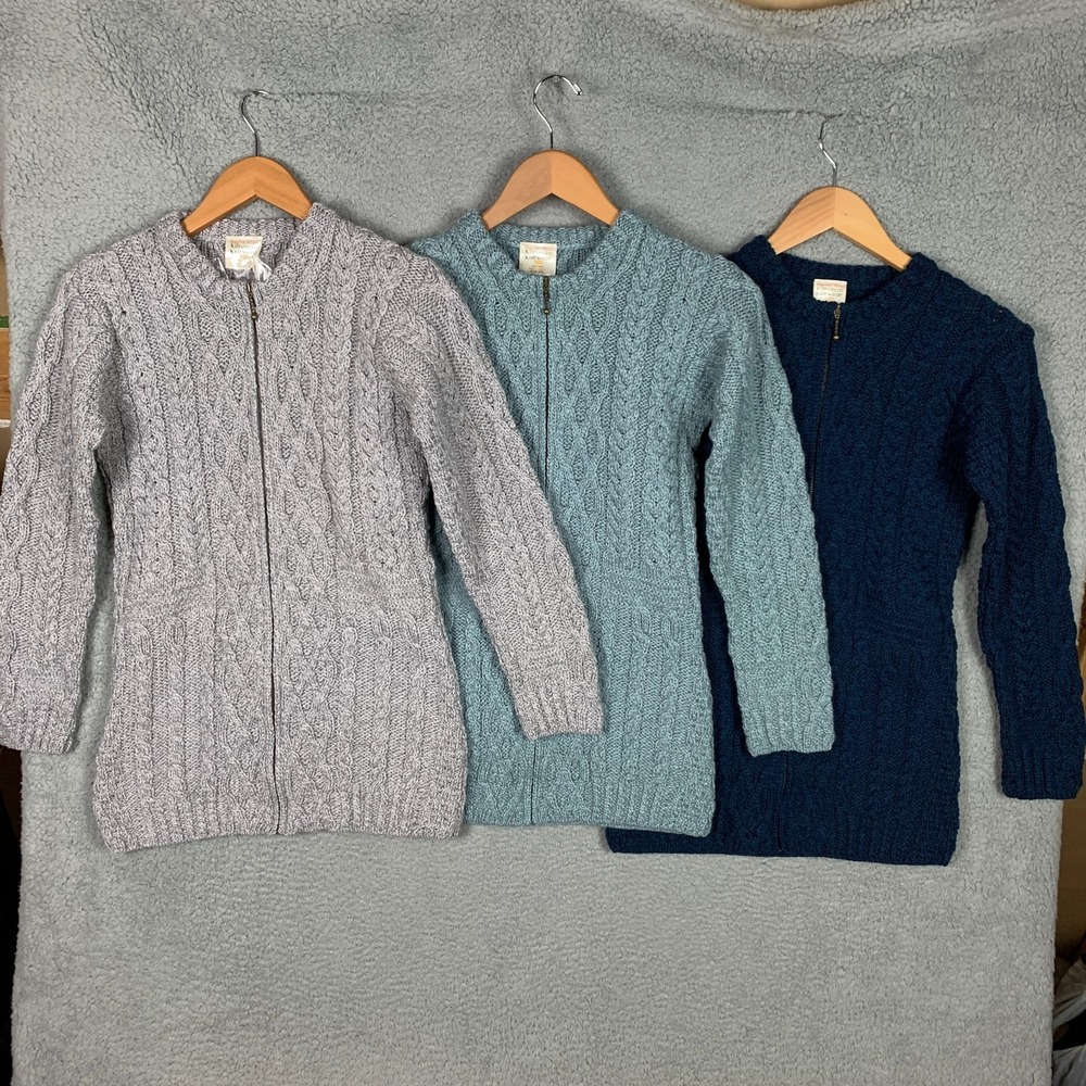 Kilronan Cardigan Sweater Womens XXS 2XS Cable Knit Zip‎ Up Merino Wool Lot of 3